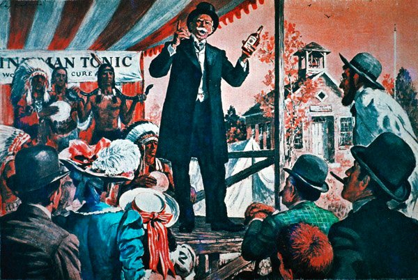 América rural: caixeiro-viajante do tónico "cure-all" (cor litho) de American School
