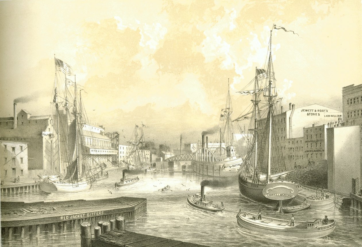 Rush Street Bridge, Vista da State Street, da Chicago Illustrated, com descrições literárias de James W. Sheahan, publicadas por Jevne & Almini, Chicago, 1866-67. de American School
