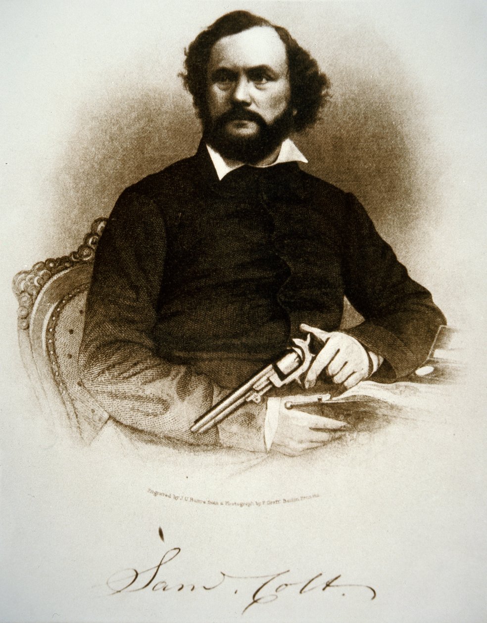 Samuel Colt segurando um dos seus revólveres de percussão (gravura) de American School