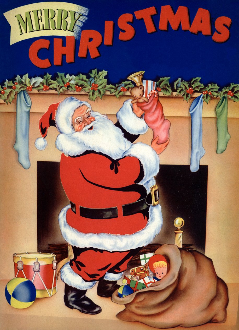 O Pai Natal enche as meias de brinquedos na véspera de Natal de American School