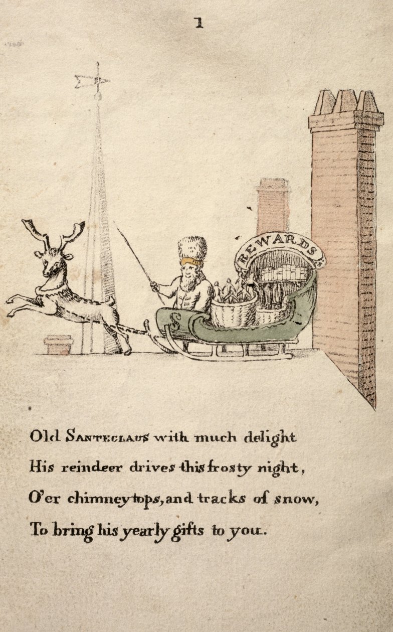 Santeclaus com trenó e rena, de The Childrens Friend publicado em 1821 de American School