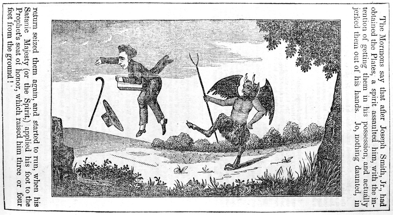 Satanás chutando Joseph Smith (1805-44) das costas do Almanaque Anti-Mórmon para 1842 de American School