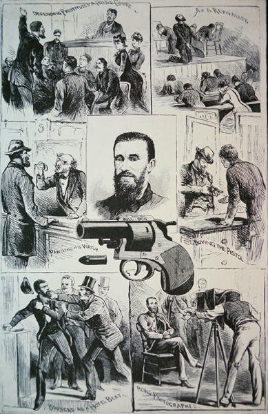 Cenas da vida do assassino Charles Jules Guiteau (1841-82) e da arma que ele usou para matar o Presidente James A. Garfield (1831-81) 1881 (litho) de American School
