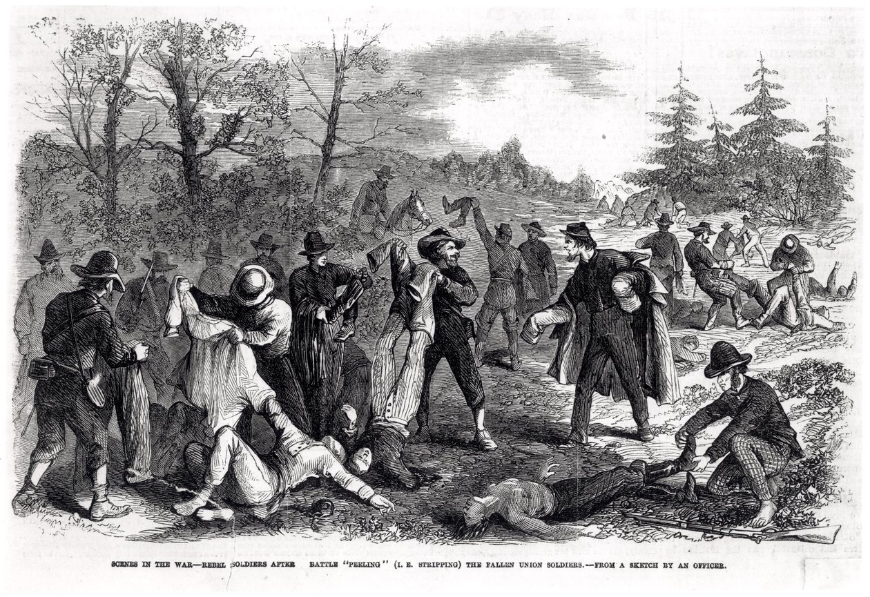 Cenas na Guerra: Soldados Rebeldes após a Batalha "Peeling" (ou seja, Decapagem) dos Soldados da União Caídos, a partir de um esboço de um oficial (gravura) (foto bundw) de American School