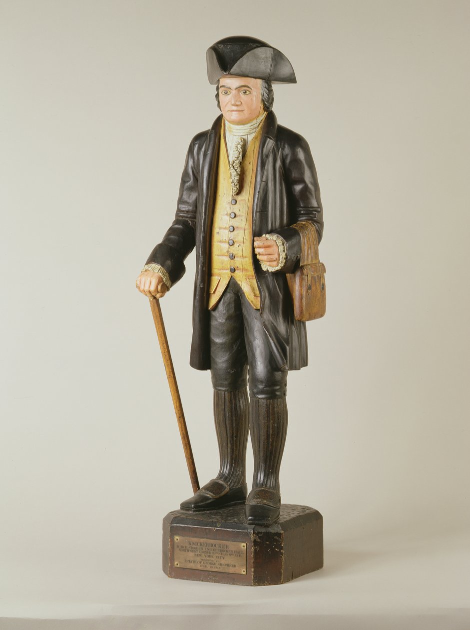 Escultura de Diedrich Knickerbocker que se encontrava no Knickerbocker Hall em Nova Iorque, c.1850-67 (madeira pintada) de American School