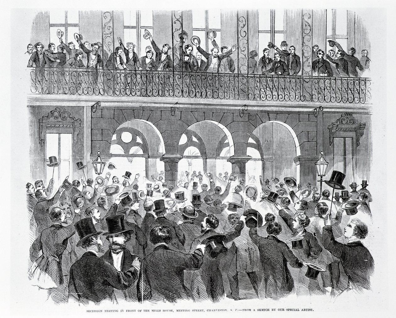 Secession Meeting em Frente à Mills House, Meeting Street, Charleston, South Carolina, c.1860 (gravura) (foto p - b) de American School