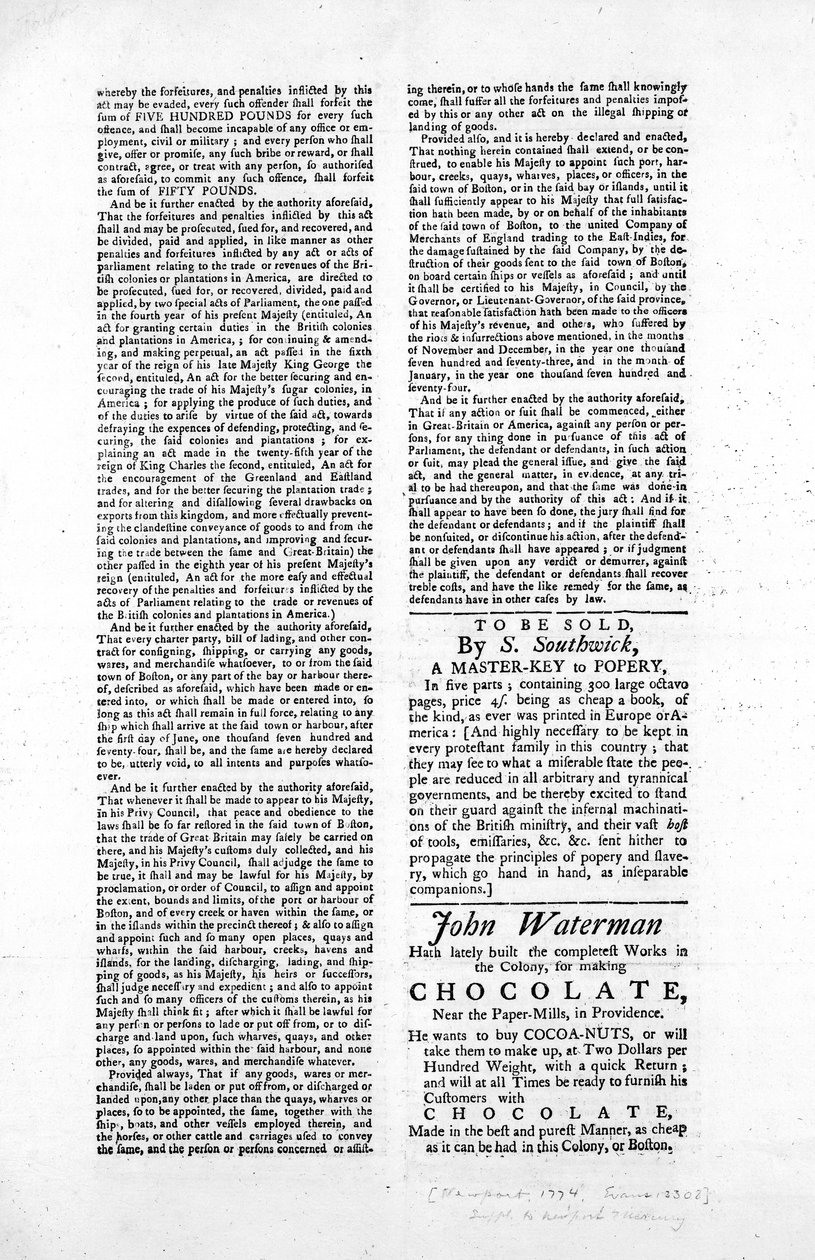 Segunda página de um amplo esboço da Lei de Bloqueio do Porto de Boston, 1774 (papel de jornal) de American School