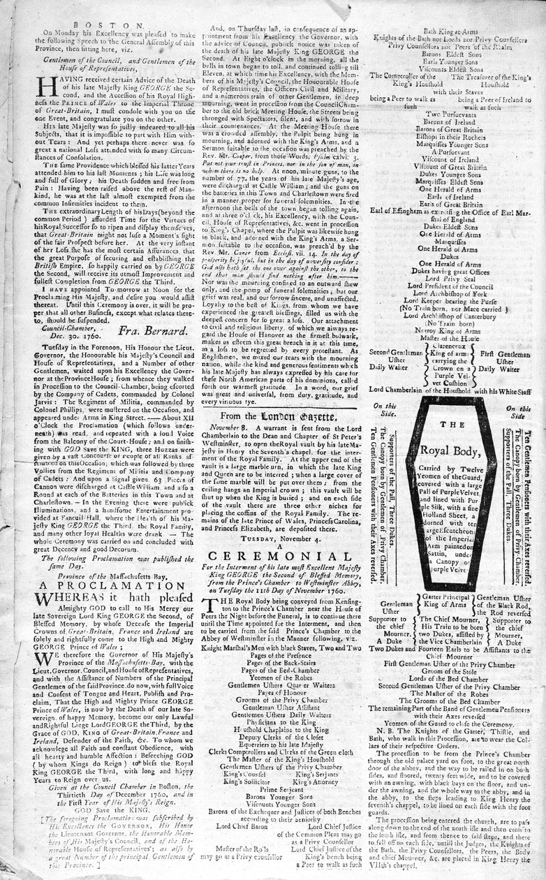Segunda página do Boston Evening Post anunciando a morte do rei George II (1683-1760), 5 de janeiro de 1761 (impressão) de American School