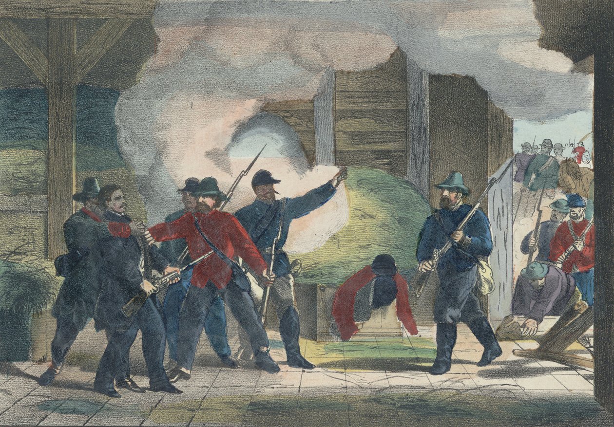 Apreensão e morte do assassino Wilkie Booth, c.1865 (impressão colorida) de American School