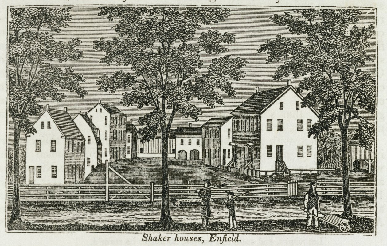 Casas Shaker em Enfield, de &39;Connecticut Historical Collections&39;, de John Warner Barber, 1856 de American School