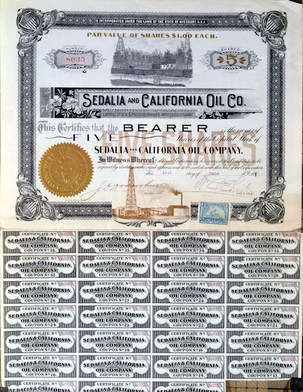 Certificado de Ações para a Sedalia e a Companhia de Petróleo da Califórnia, EUA, 1901 de American School