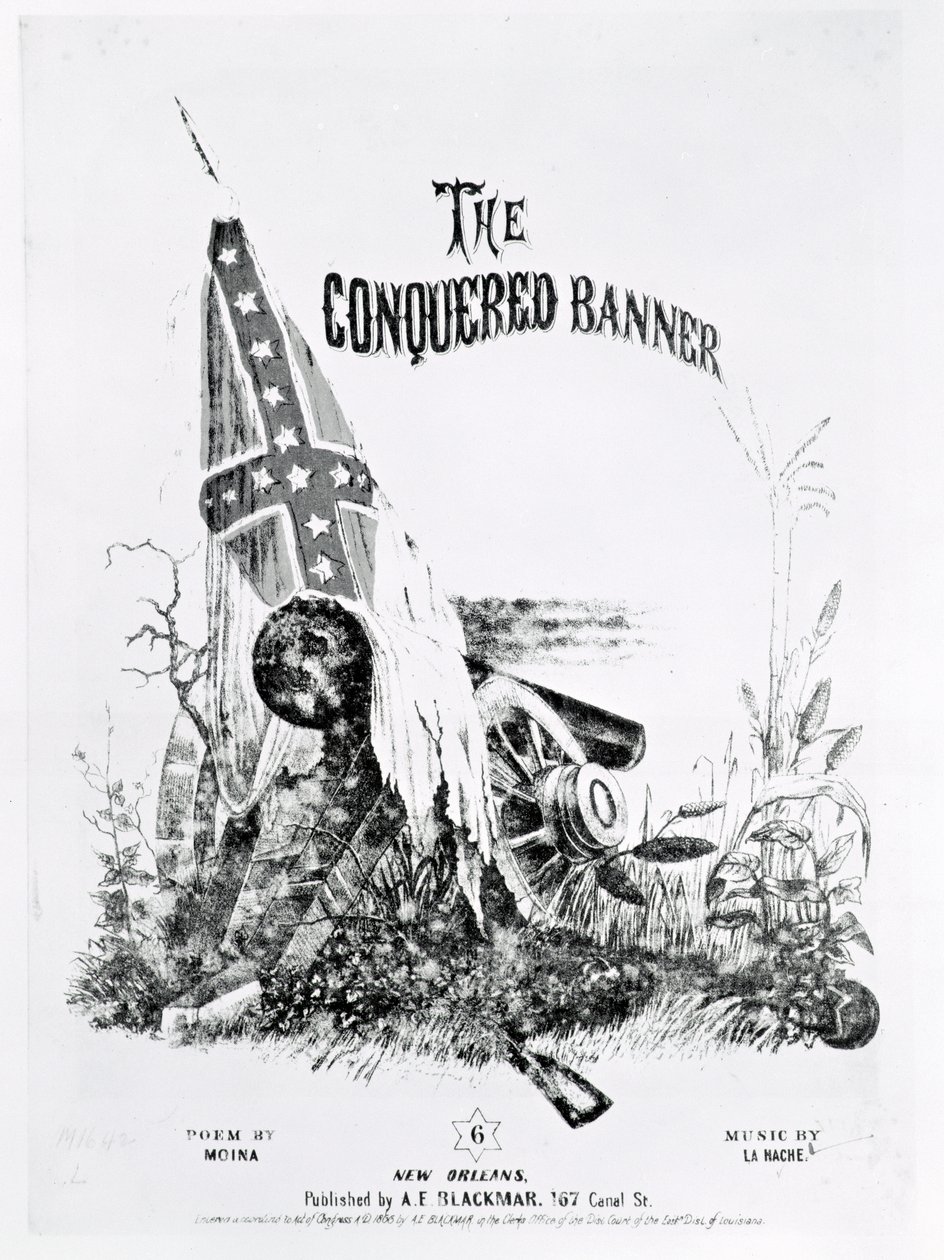 Capa de partituras para &39;The Conquered Banner&39;, poema de Moina, música de La Hache, pub. de AE Blackmar, 1862 de American School