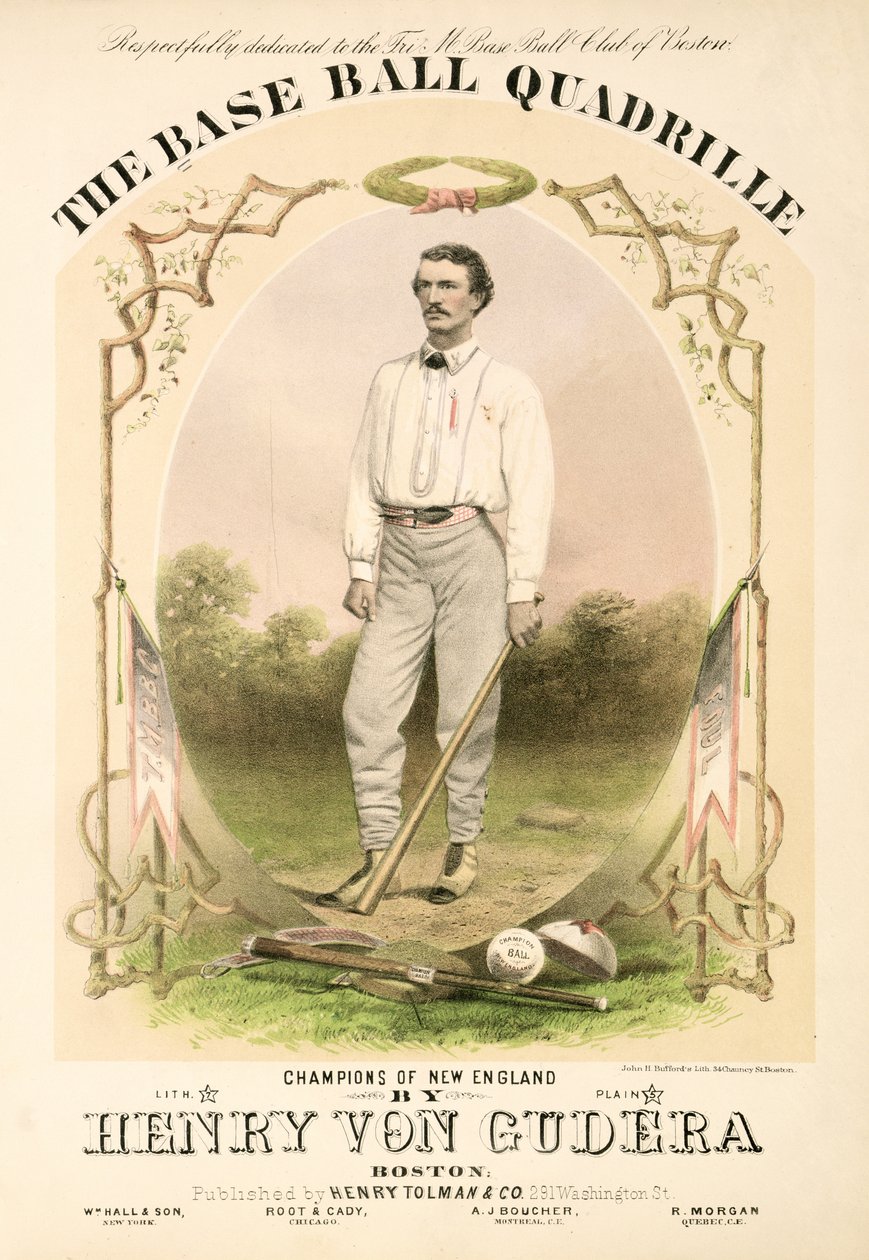 Capa de partituras de The Base Ball Quadrille escrita por Henry von Gudera e publicada por Henry Tolman & Co., publicada por Henry Tolman & Co. de American School