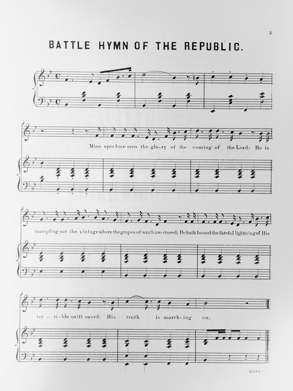 Partituras para o Hino da Batalha da República, escrito por Julia Ward Howe (1819-1910) 1862 de American School