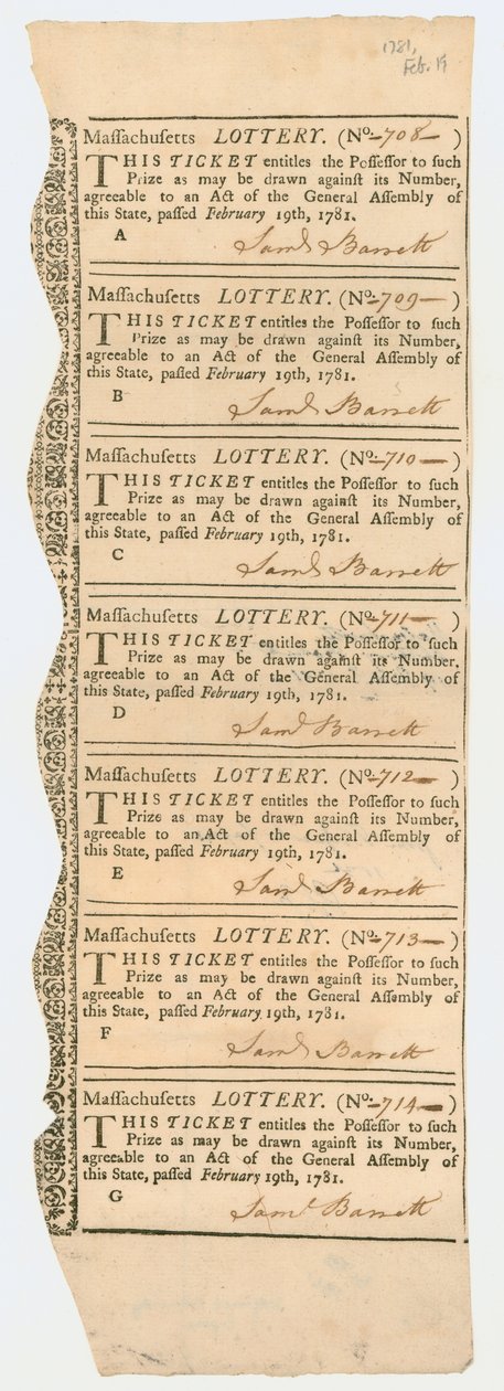 Folha de bilhetes de loteria, loteria de Massachusetts, 1781 de American School