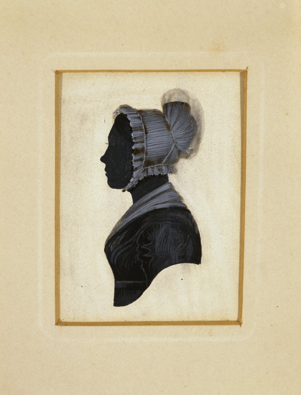 Silhueta de uma Senhora, c. 1830-1840 (tinta preta com traçado de giz castanho e branco sobre papel tecido) de American School