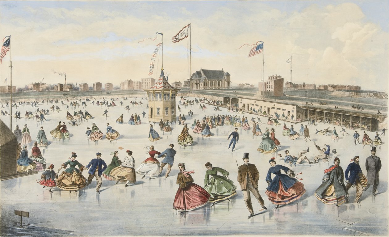 A patinar no Union Pond, pub. 1863 (cor litho) de American School