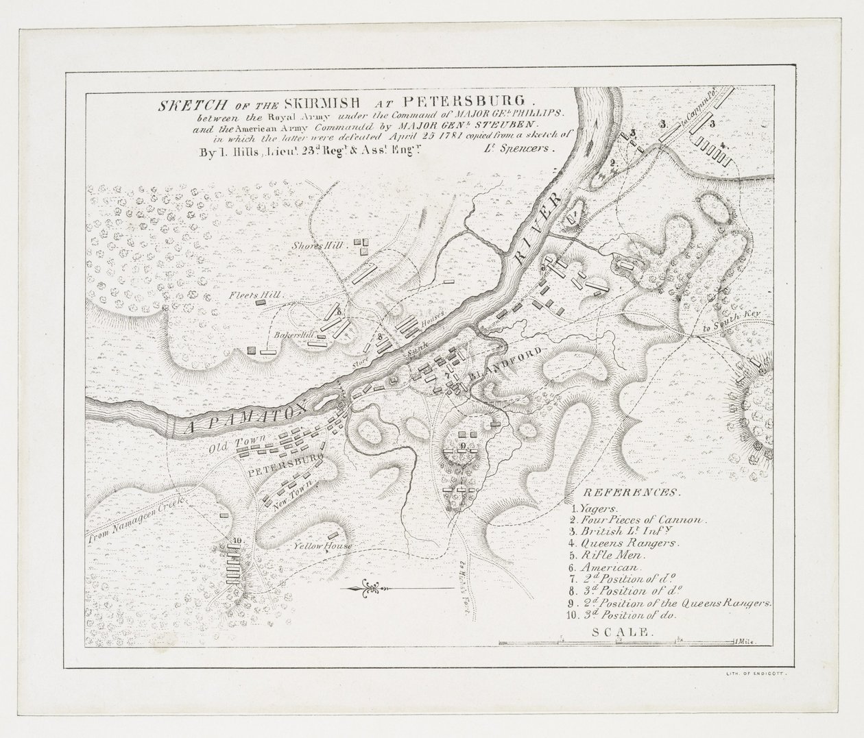 Esboço da escaramuça em Petersburgo: entre o Exército Real sob o comando do Major Gel. Phillips e o comando do exército americano pelo Major Genl. Steuben, no qual este último foi derrotado, 25 de Abril de 1781. de American School