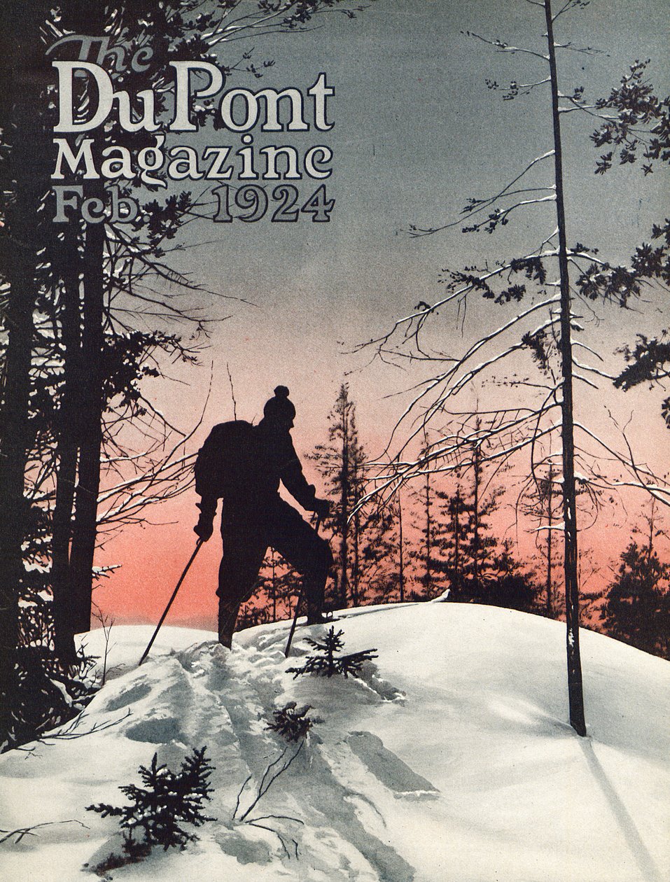 Esqui, capa da revista DuPont, fevereiro de 1924 de American School
