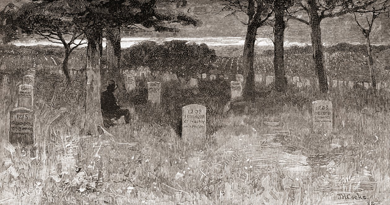 Túmulos de soldados no Cemitério Nacional de Arlington, Condado de Arlington, Virgínia, no século XIX, da "The Century Illustrated Monthly Magazine", publicada em 1884 (gravura) de American School