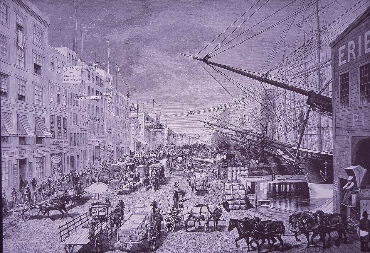 South Street Seaport in the 1870s, New York City (gravura) de American School