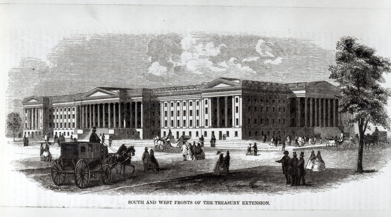 Frentes Sul e Oeste da Extensão do Tesouro, da &39;New Monthly Magazine&39; de Harper, 1859 de American School