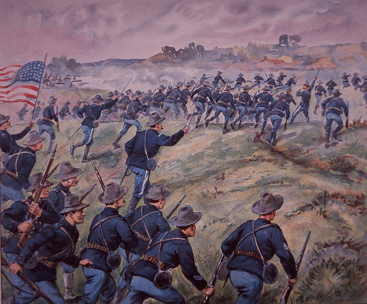 Guerra hispano-americana de 1898, tropas norte-americanas invadem San Juan Heights em Cuba (cor litho) de American School