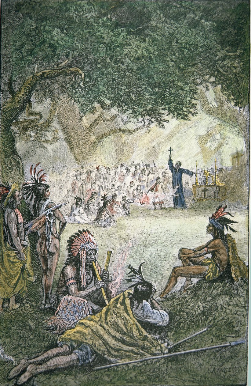 Missionários Jesuítas espanhóis que converteram nativos americanos na Califórnia no século XVII (cor litho) de American School
