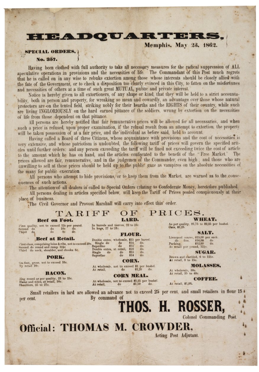 Pedido especial no. 357 publicando preços de alimentos para evitar a especulação, 23 de maio de 1862 de American School