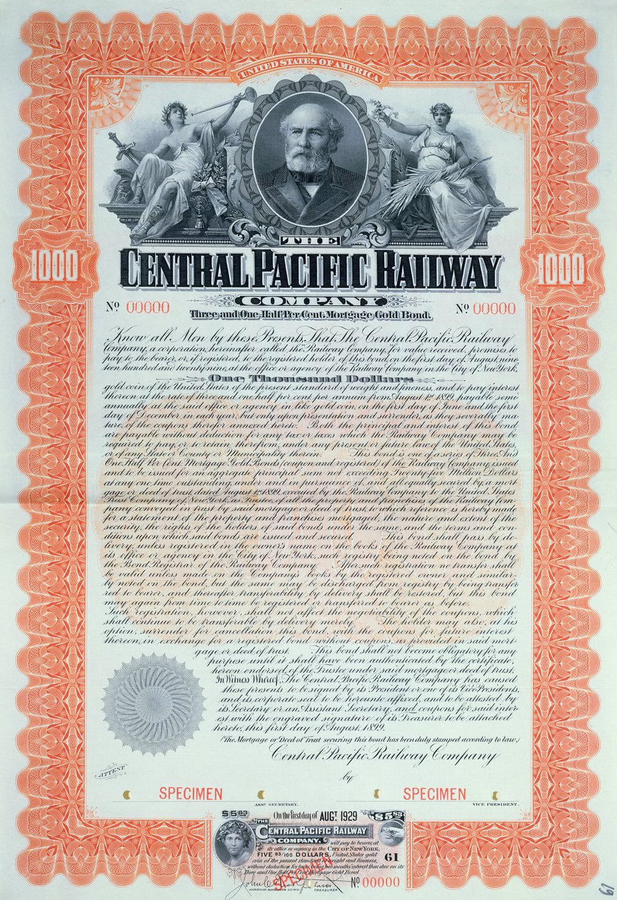 Certificado de título de espécime para 1000 dólares para a Central Pacific Railway Company Company, 1899 de American School