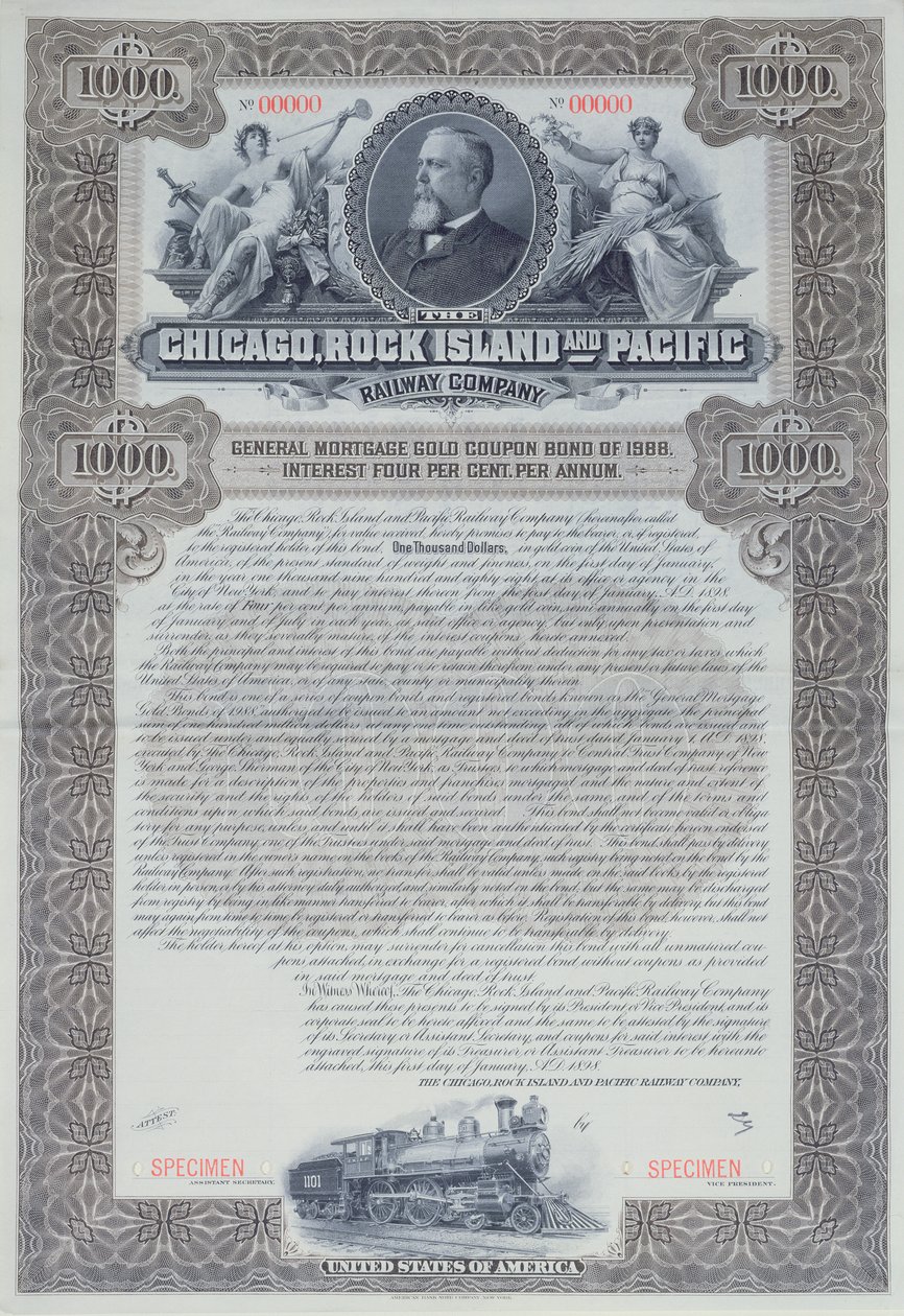 Certificado de título de espécime para 1000 dólares para a Chicago, Rock Island e Pacific Railway Company, 1898 de American School