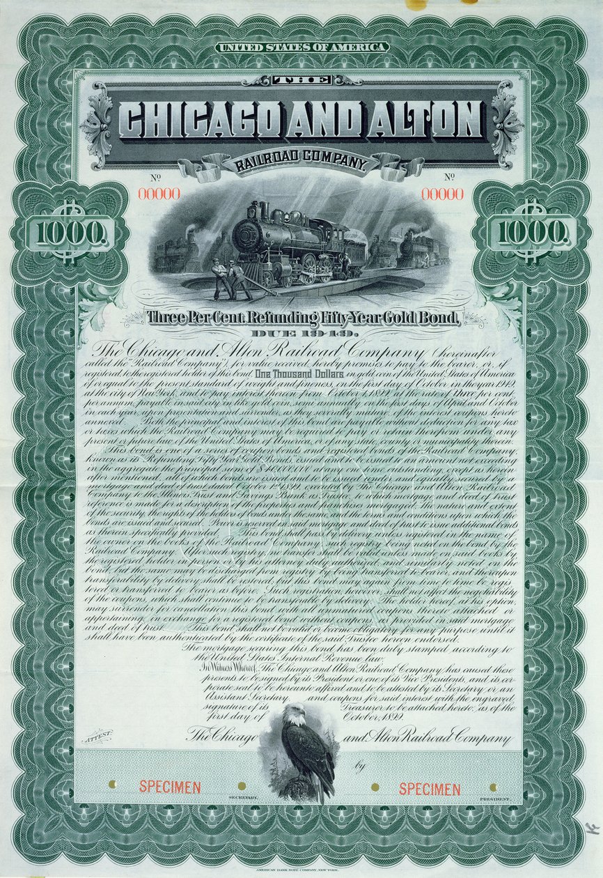 Certificado de título de espécime para 1000 dólares para a Chicago and Alton Railroad Company, 1899 de American School