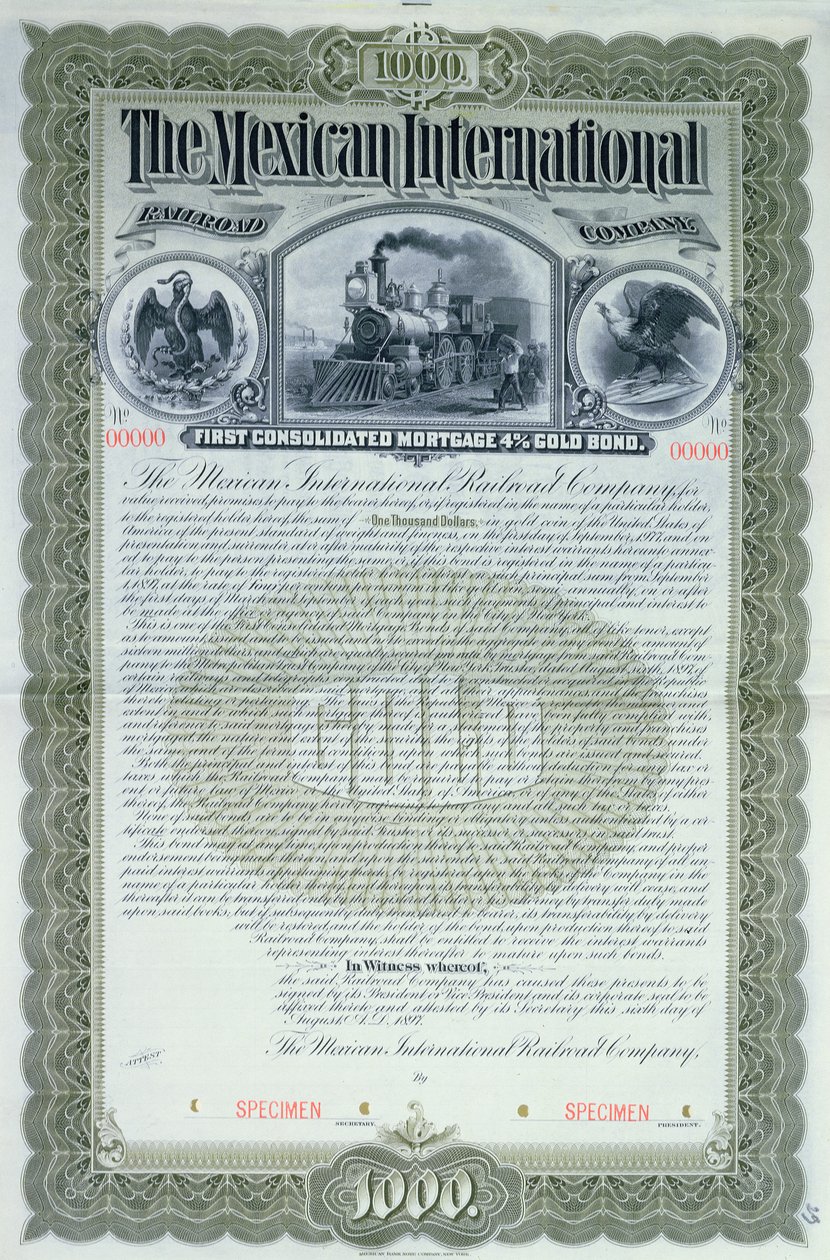 Certificado de título de espécime para 1000 dólares para a Mexican International Railroad Company, 1897 de American School