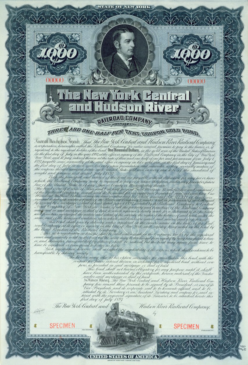 Certificado de título de espécime para 1000 dólares para a Companhia Ferroviária de Nova York Central e Hudson River, c.1900 de American School