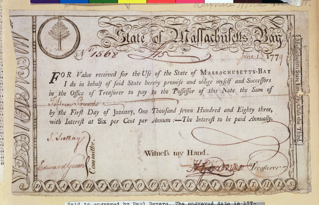Nota Promissória do Estado de Massachusetts, dito ser gravada por Paul Revere (1735-1818) 1779 de American School