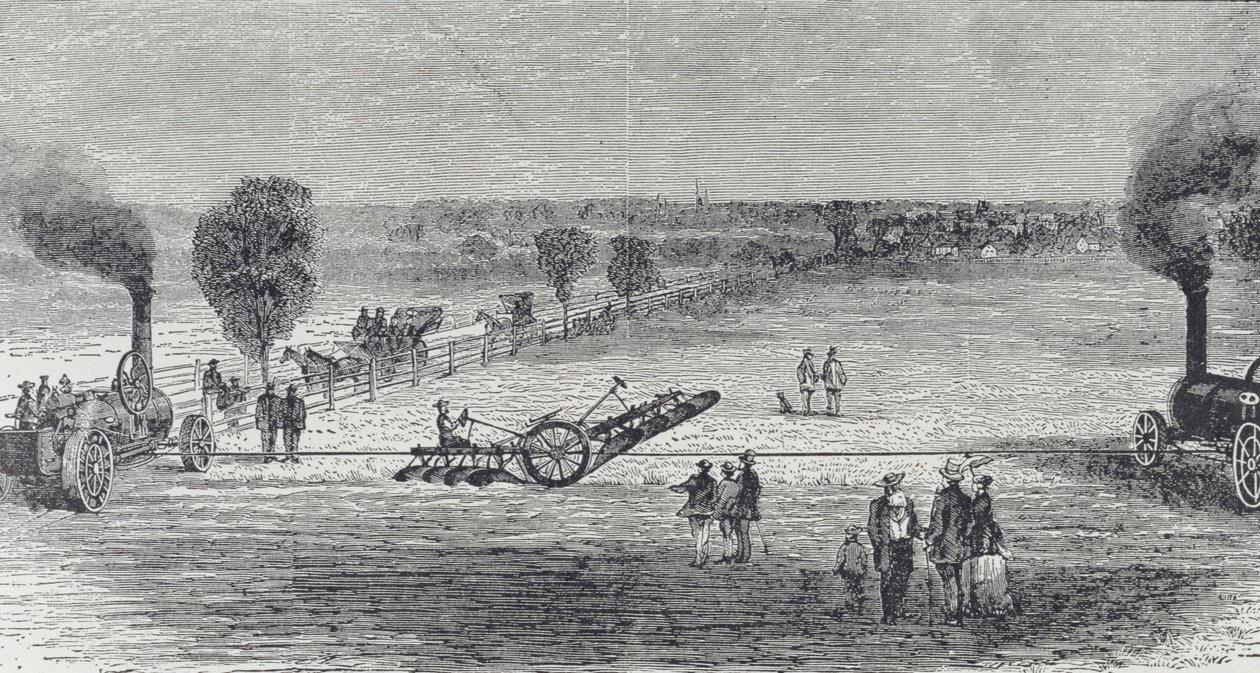Steam plough na fazenda de Patterson, ilustração de &39;Harper&39;s Weekly&39;, 1869, de &39;The Pageant of America, Vol.3&39;, por Ralph Henry Gabriel, 1926 de American School