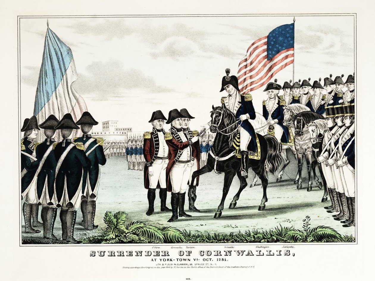 Rendição de Cornwallis em York Town, VA, outubro de 1781, pub. Currier  Ives de American School
