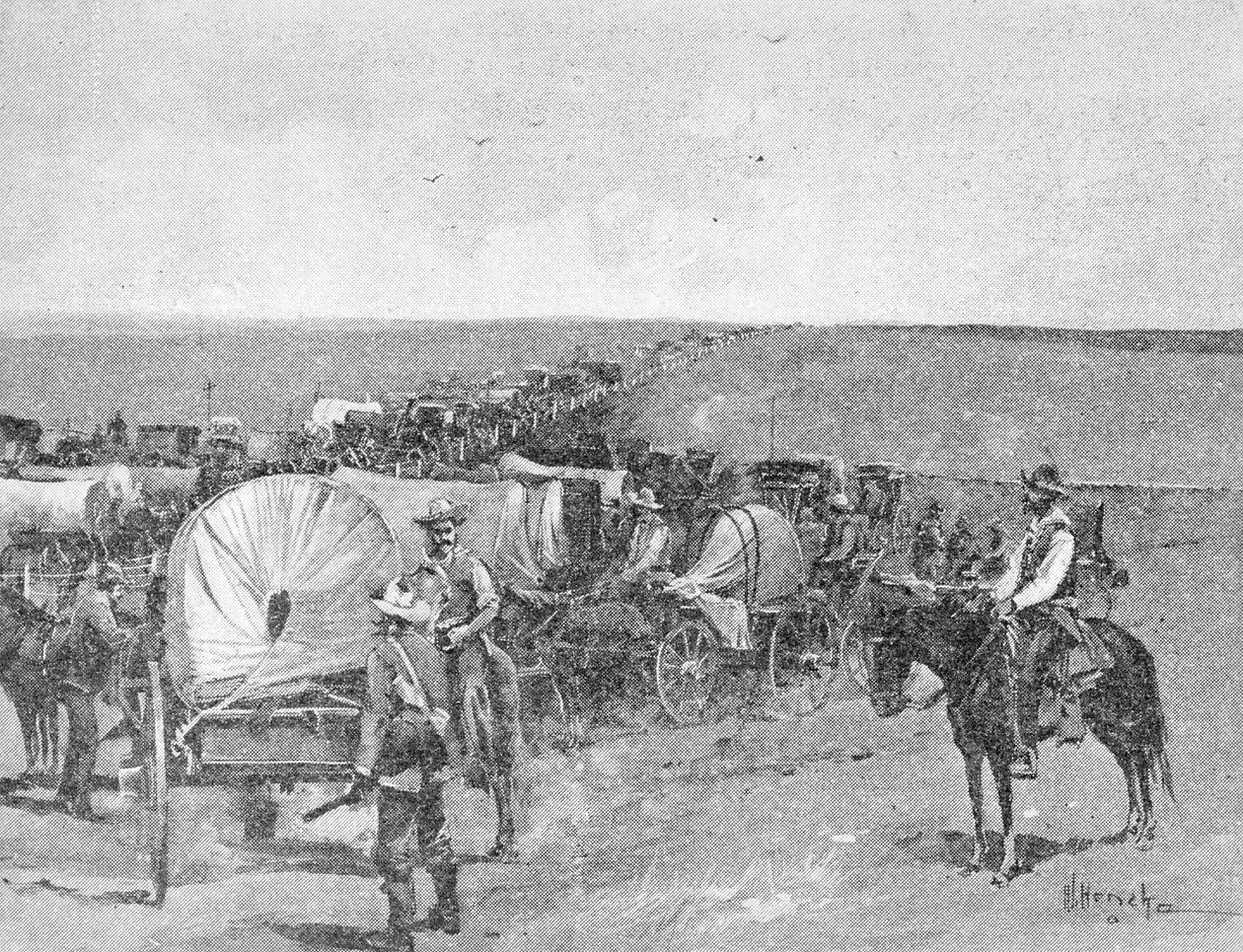 Dez minutos antes da Grande Corrida, na Linha Sul da Reserva Escolar Indígena, Perto da Cidade do Arkansas, 16 de setembro de 1893 (gravura) (foto bw) de American School