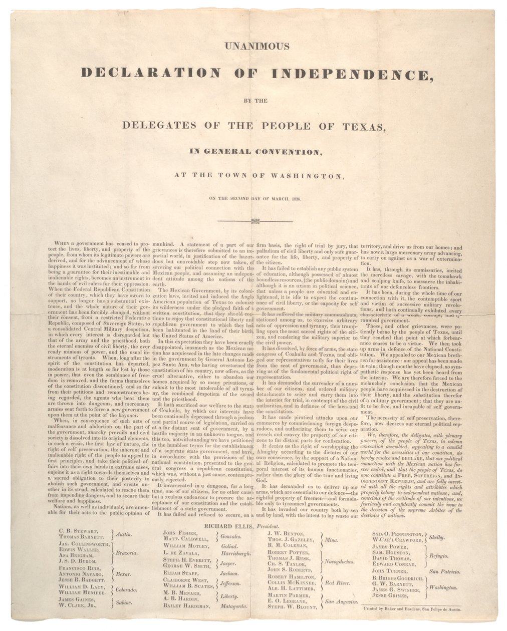 Declaração de Independência do Texas: Declaração unânime de independência, impressa por Baker e Bordens, 2 de março de 1836 de American School