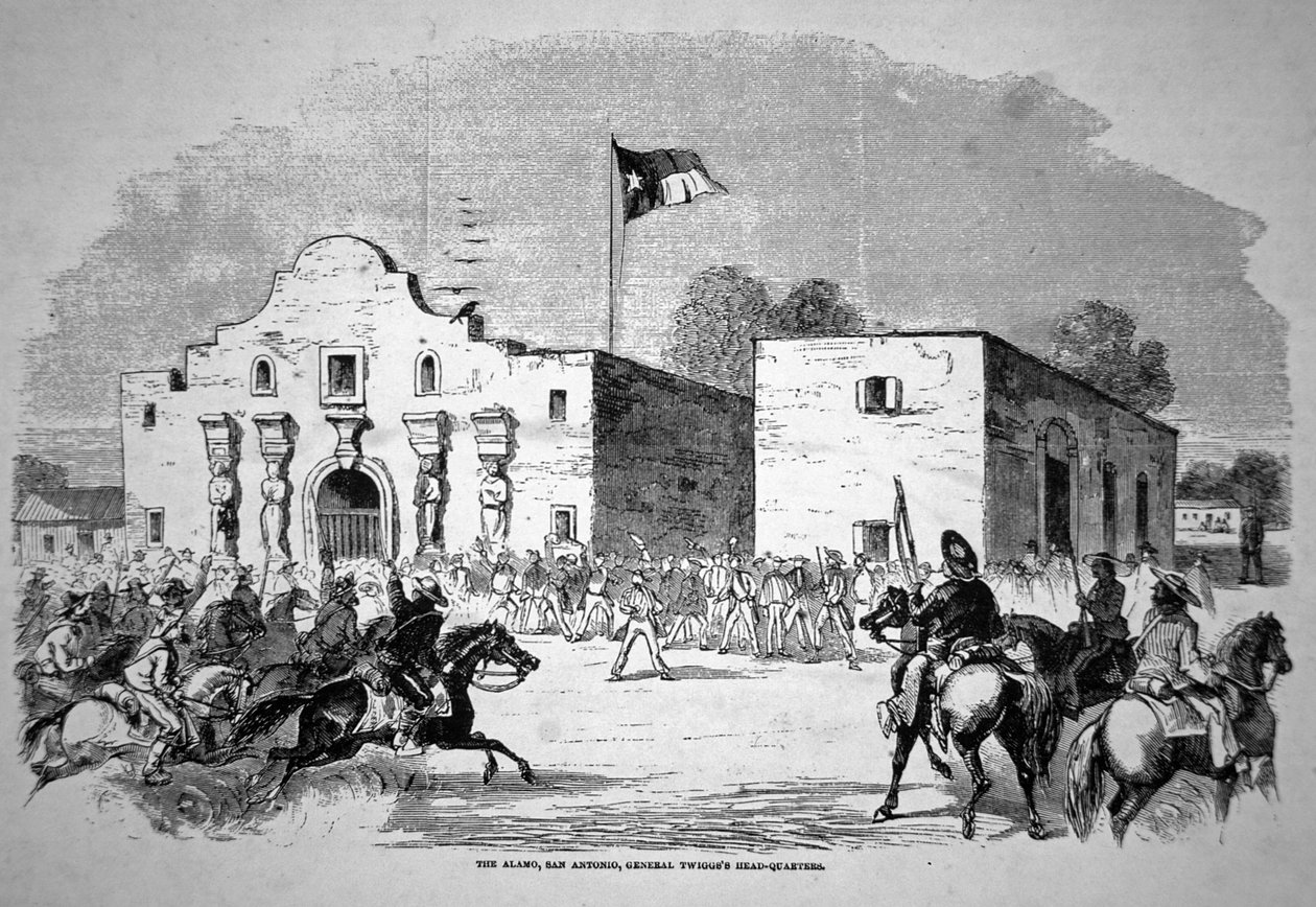 O Forte do Álamo em San Antonio, sede do General Federal Twiggs (1790-1862) (litho) de American School