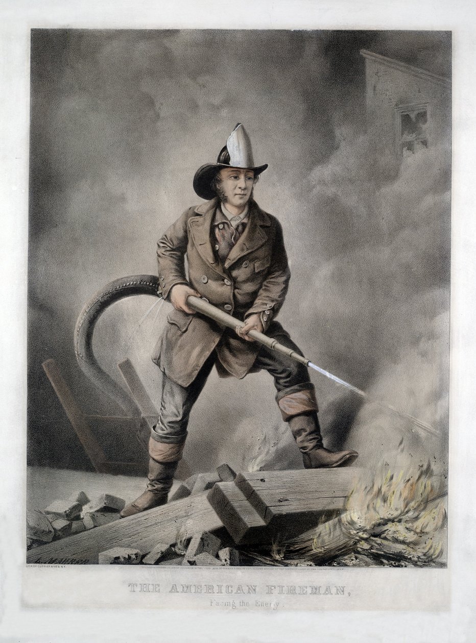 O Bombeiro Americano, Enfrentando o Inimigo, pub. 1858 (litho colorido à mão) de American School