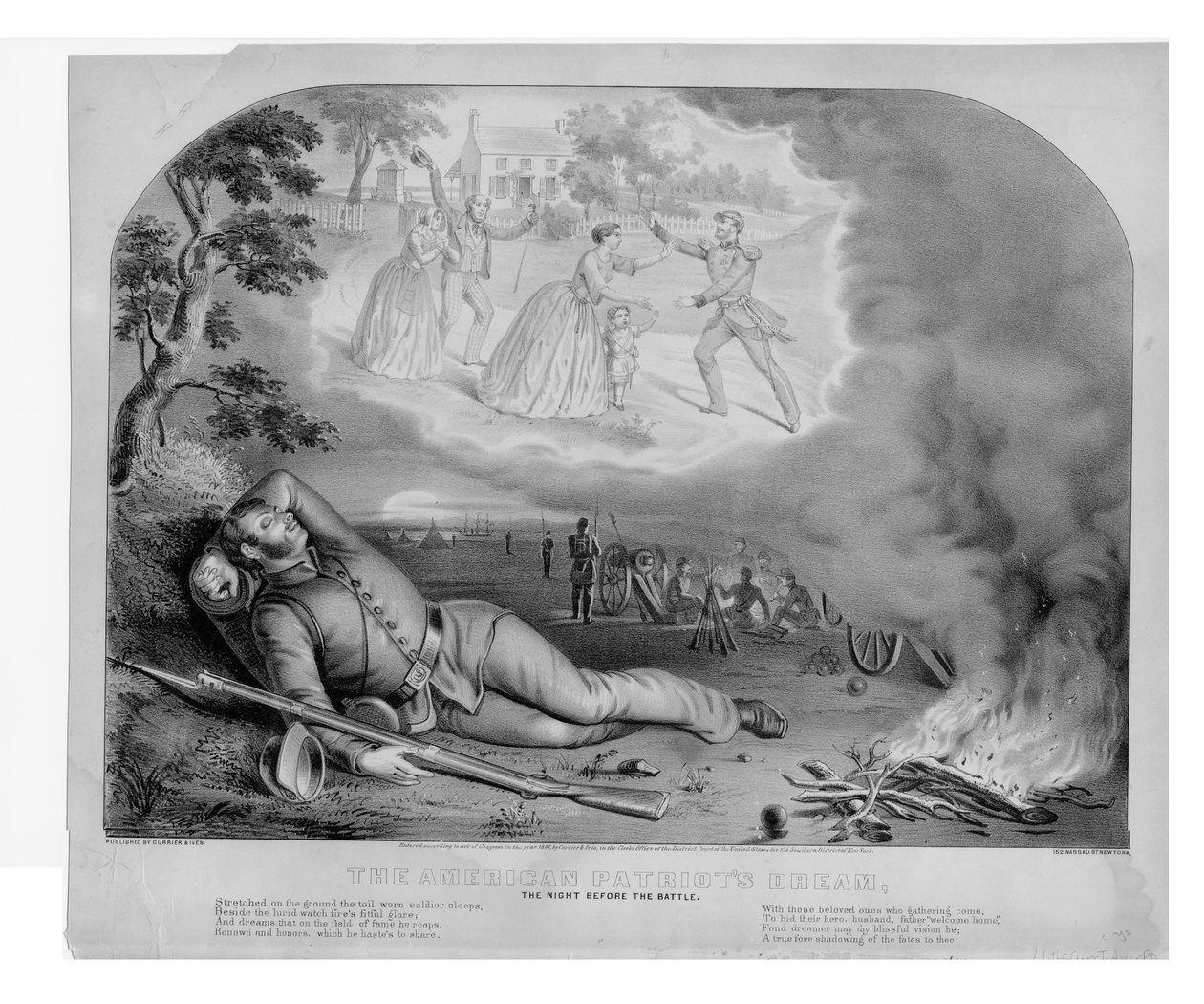 Os patriotas americanos sonham, a noite antes da batalha, bar. por Currier & Ives, 1861 de American School