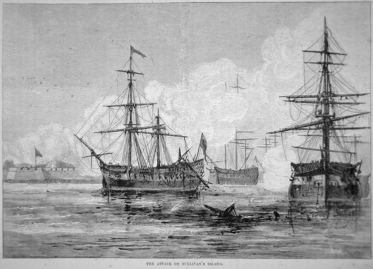 O Ataque à Ilha de Sullivan, 28 de junho de 1776 (litho) de American School