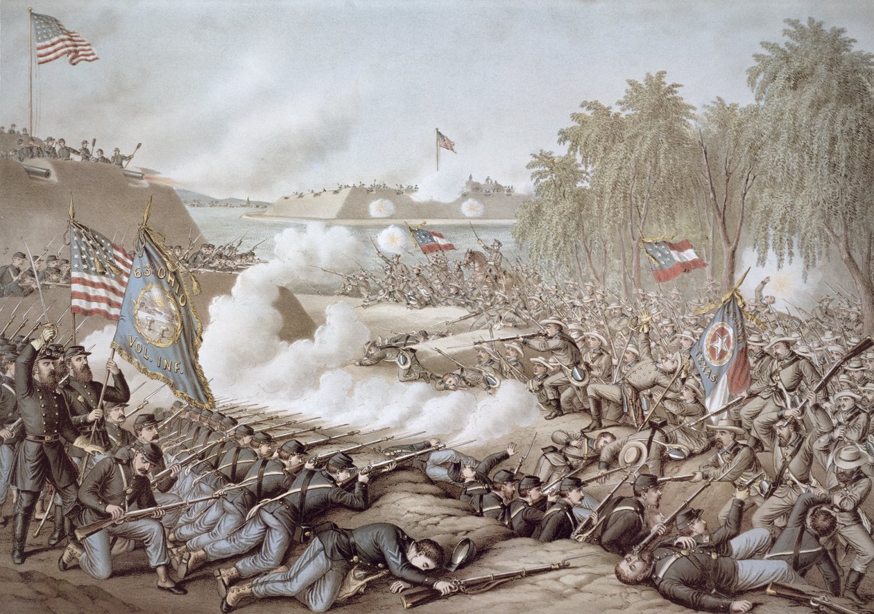 A Batalha de Corinto, 3-4 de Outubro de 1862, mostrando bandeiras de Norte e Sul, por Kurz & Allison (cor litho) de American School
