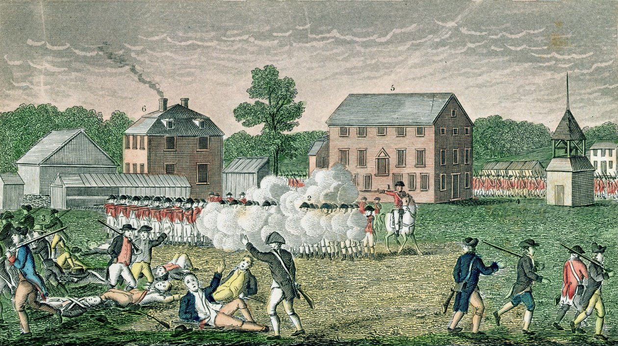 A Batalha de Lexington, 19 de abril de 1775, de "Connecticut Historical Collections", de John Warner Barber, gravada por A. Doolittle, 1832 de American School