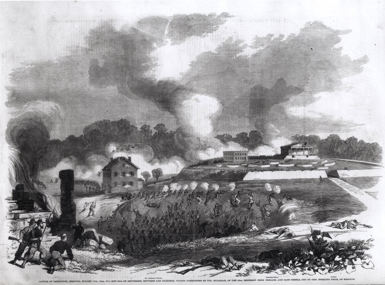 A Batalha de Lexington, Missouri, de 17 a 20 de setembro de 1861, de "A História Pictórica de Frank Leslie da Guerra Civil Americana", 1862 de American School