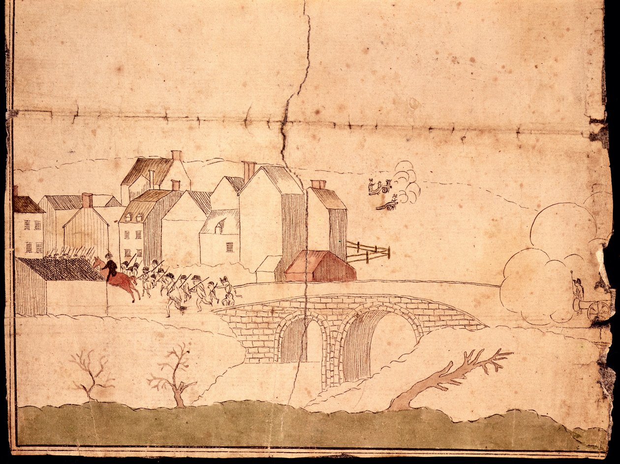 A batalha de Lexington e Concord (caneta e tinta e wc no papel) de American School