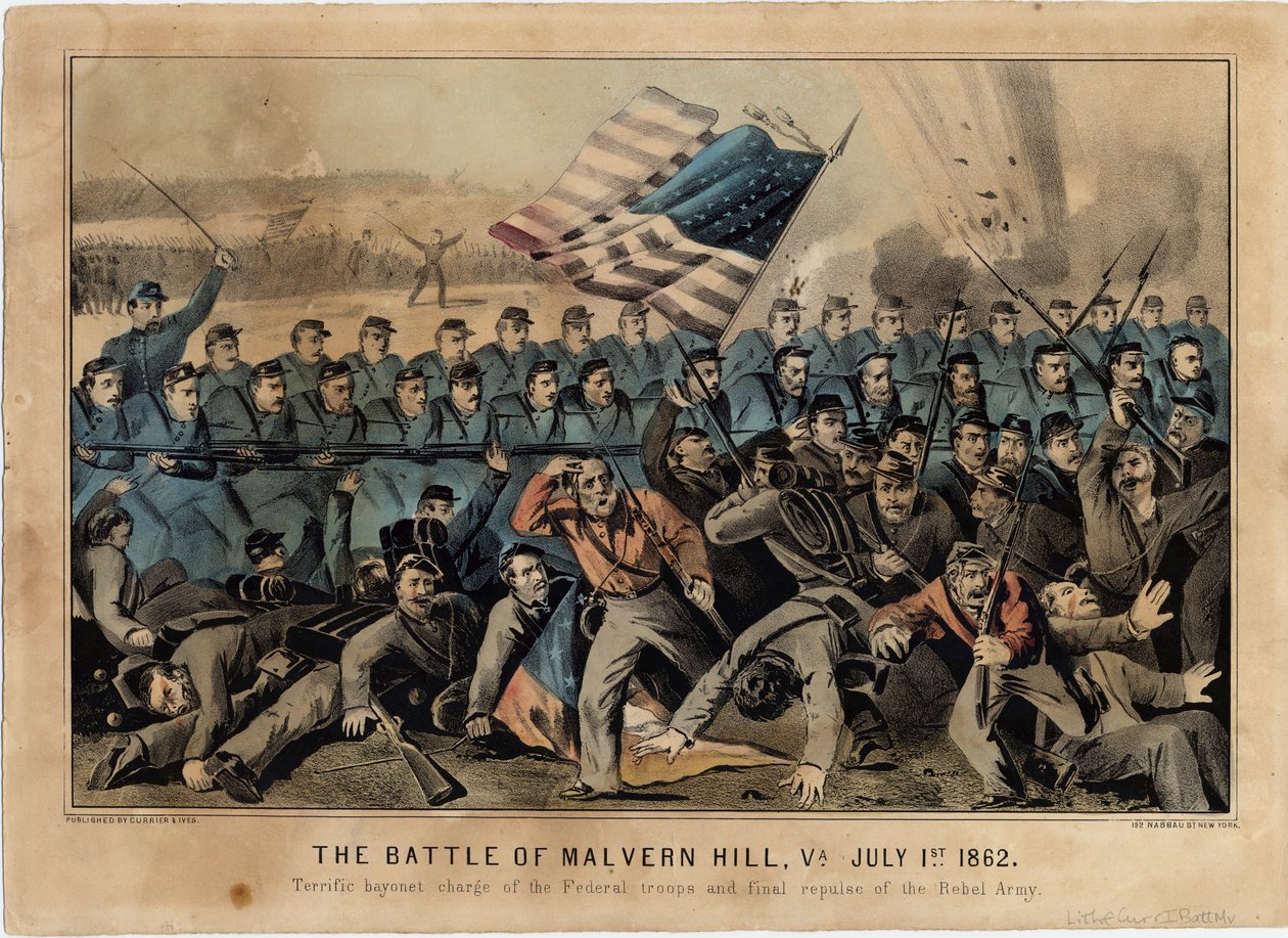 A Batalha de Malvern Hill, Virgínia, 1 de julho de 1862, pub. por Currier & Ives, c.1862 de American School