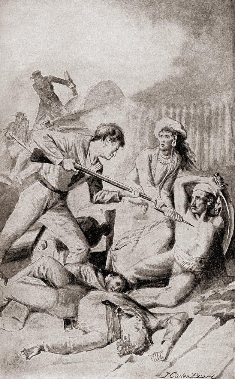 A batalha de Quallah Battoo em 1832, de "The History of Our Country", publicada em 1905 (litografia) de American School