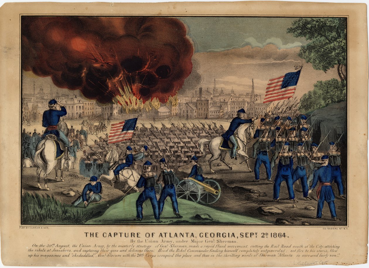 A captura de Atlanta, Geórgia, 2 de setembro de 1864, pub. por Currier & Ives, c.1864 de American School